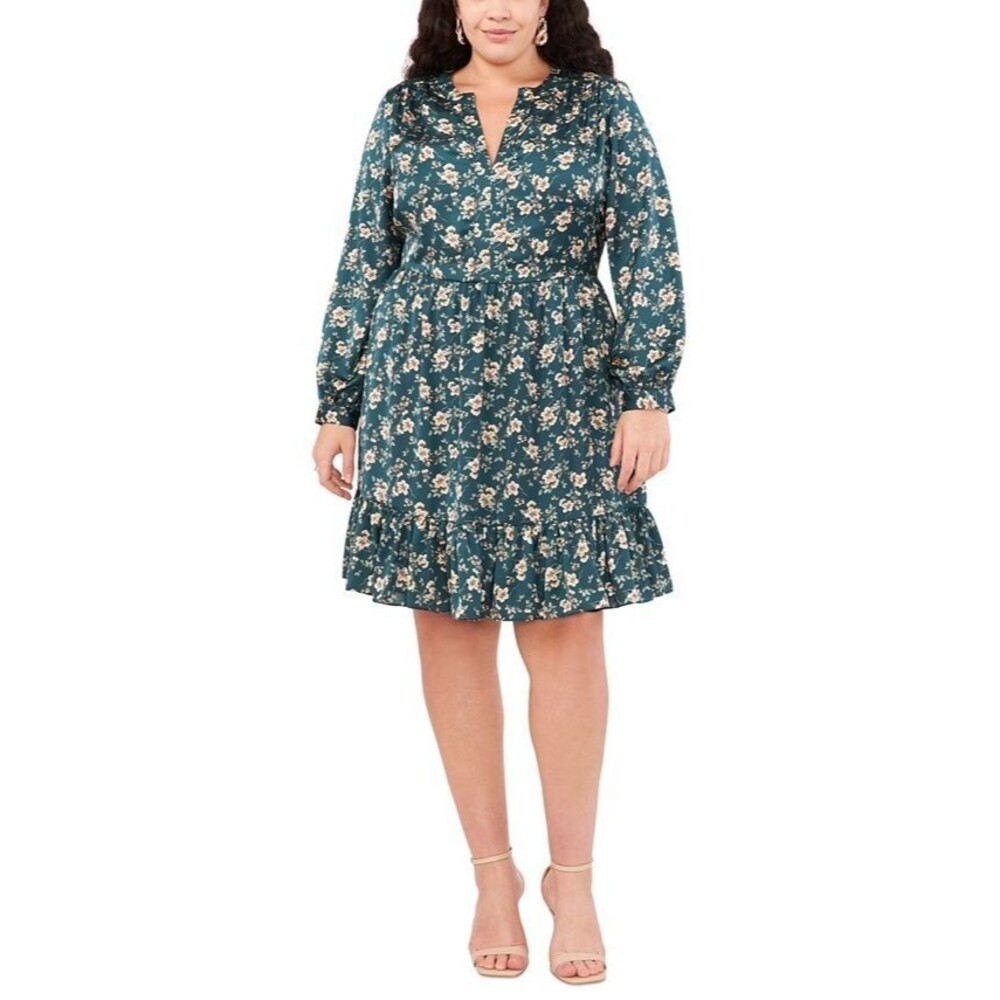 Vince Camuto Women's Plus Size Floral-Print Baby dol Dress Deep Forest Green 3X